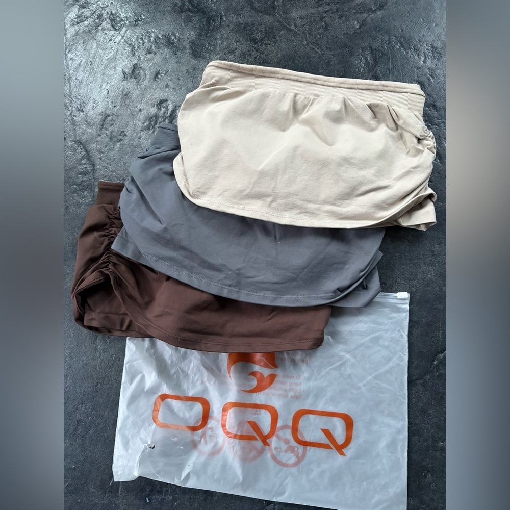 OQQ Women's Mini Skirt Set - Cream, Gray, and Brown